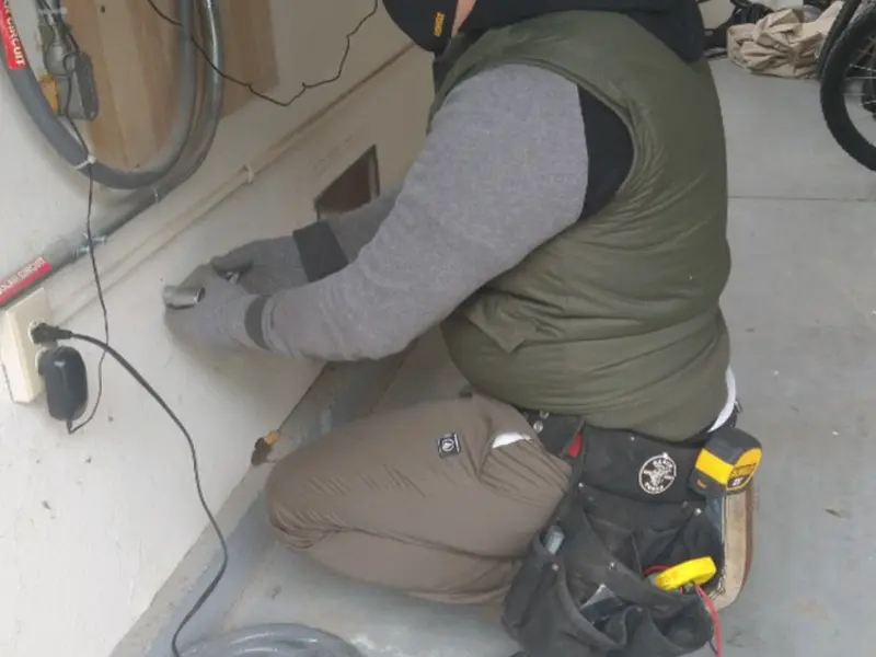 Electrician performing outlet wiring in a Blakely garage